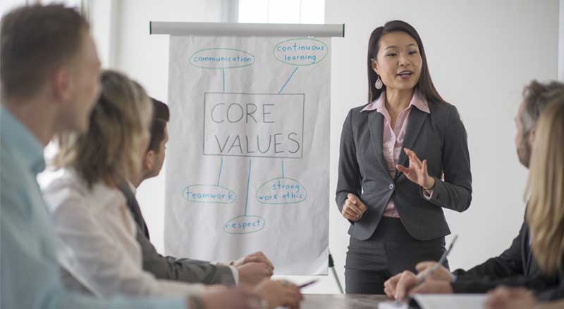 A woman standing in front of colleagues giving a presentation on the company’s core values