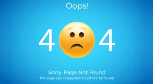 A 404 Page Not Found error message including a sad face emoji