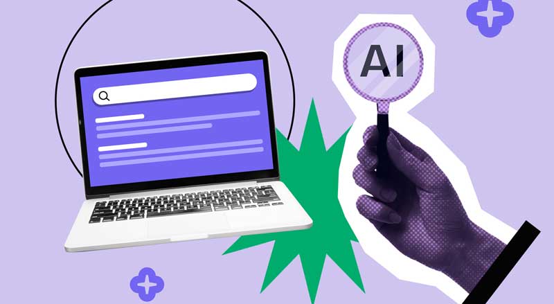 Illustration of AI-powered search with laptop search results and magnifying glass labeled AI