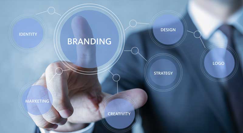 Business professional interacting with branding, strategy, design, and marketing icons on a digital interface