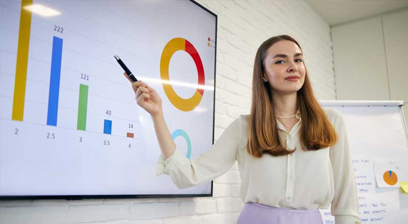 Marketing professional presenting website analytics and Google Ads performance data on a screen