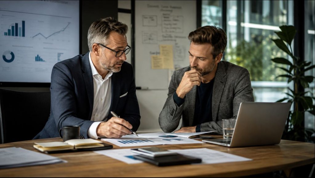 Business professionals reviewing audience and marketing performance charts