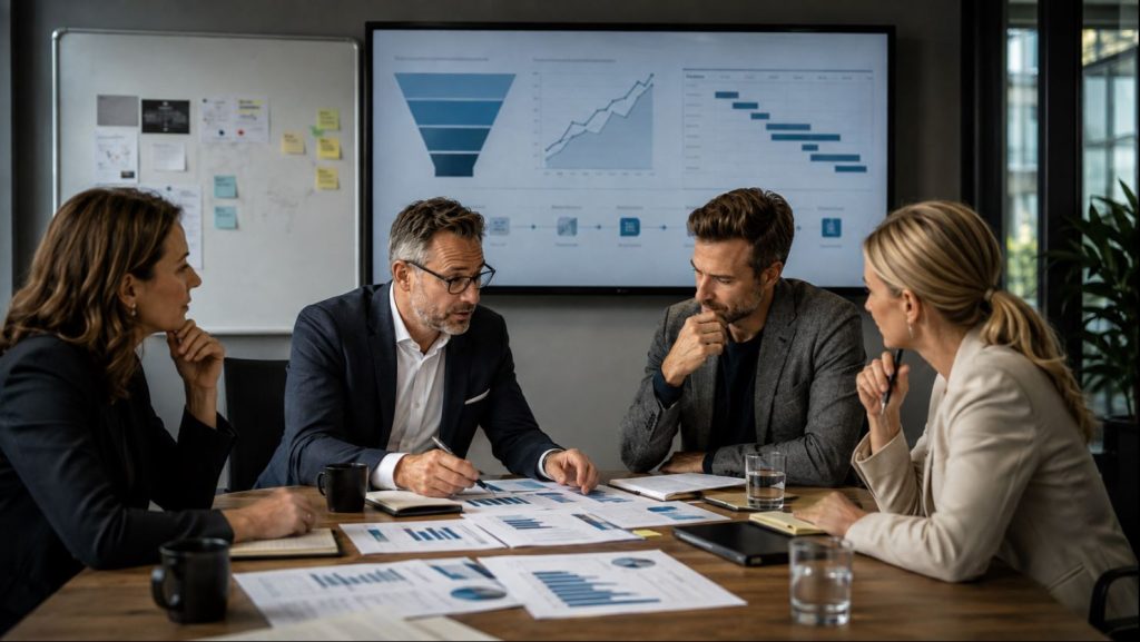Business team collaborating on growth strategy and performance data