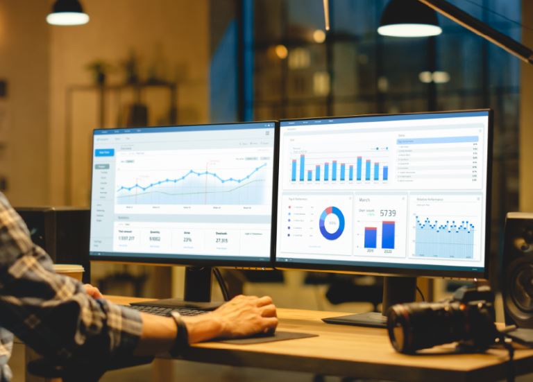 AI-powered business analytics dashboard showing SEO, search performance, reporting metrics, and marketing analytics